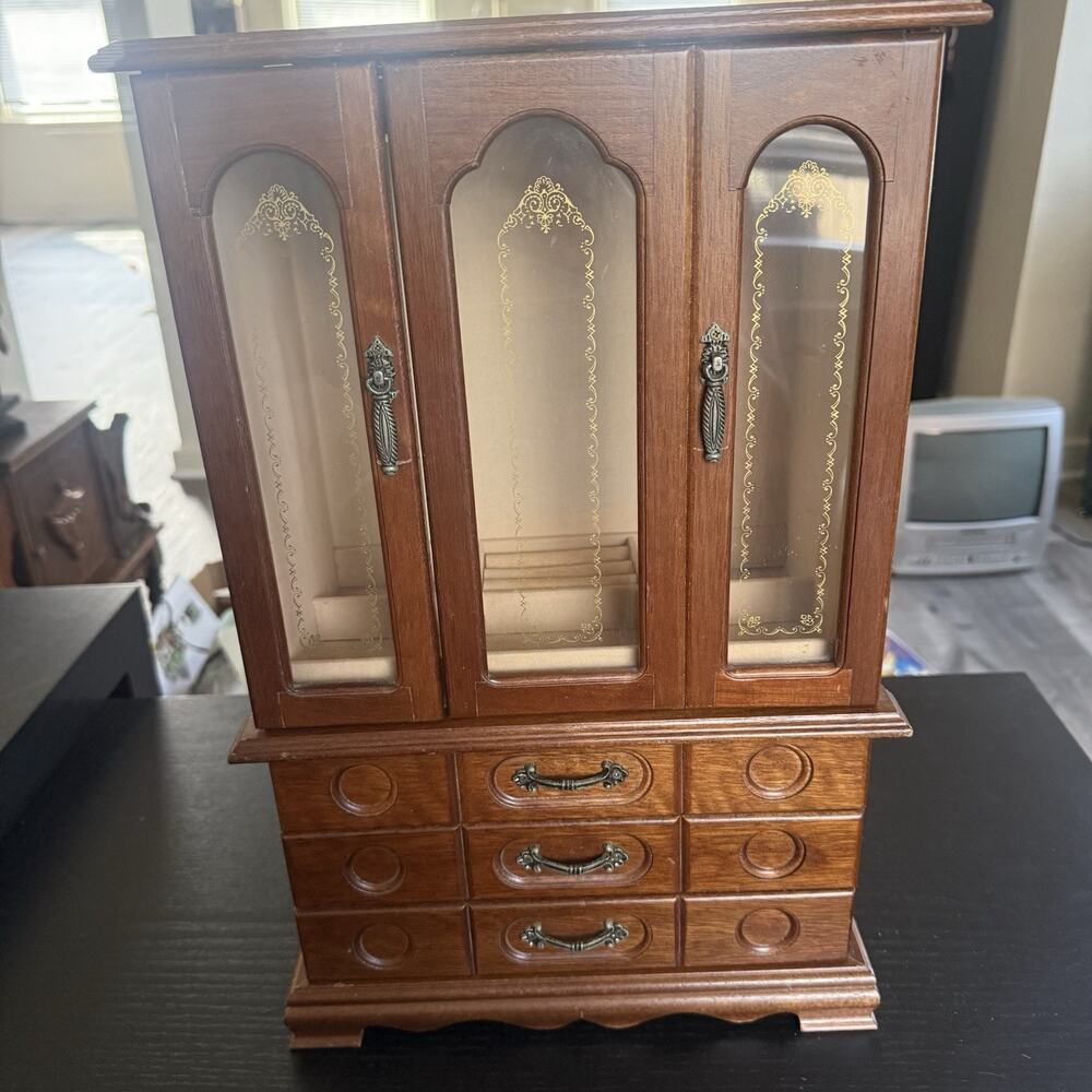 Vintage Wooden Jewelry Armoire Box Cabinet Chest Organizer Drawers Glass Doors